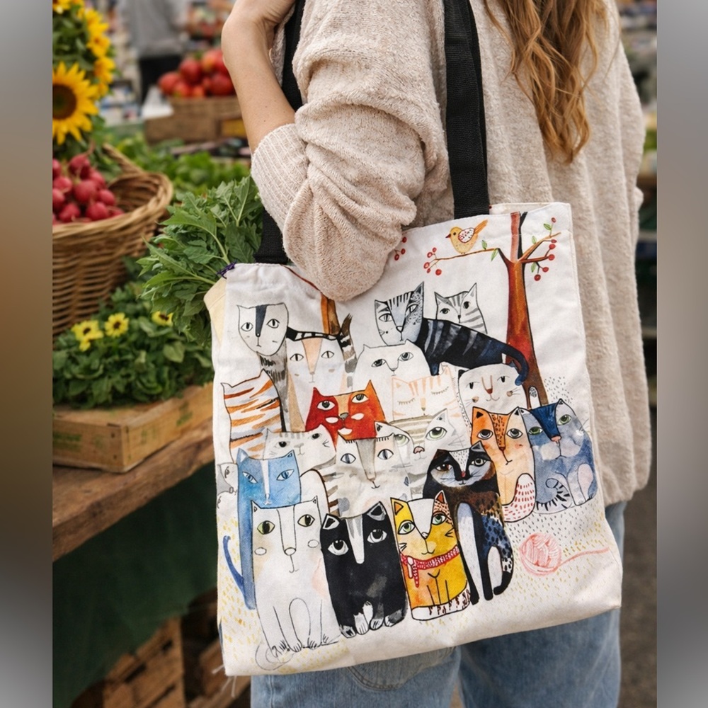 MANY-PAWS MULTI-CAT ARTISTIC FELINE CAT PRINT CANVAS GROCERY TOTE SHOPPING BAG